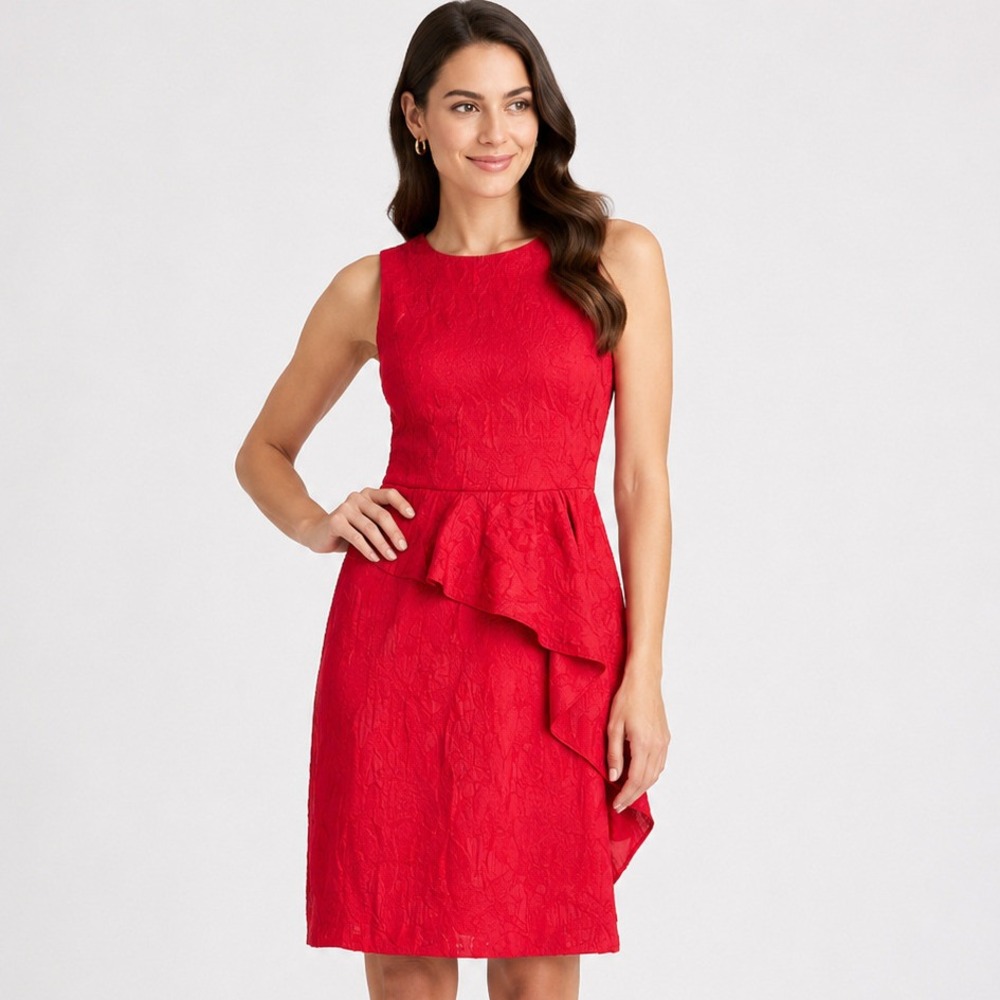 Vince Camuto WomensRuffle Sheath Dress 4 Red Textured Jacquard Asymmetrical